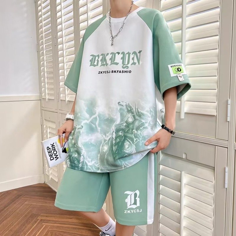 Men's Casual Set 2023 Summer New Print Short Sleeve Shorts Large Sport Two Piece Set