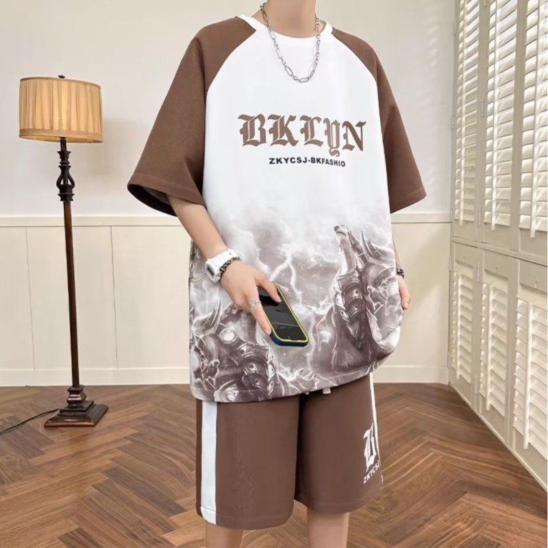 Men's Casual Set 2023 Summer New Print Short Sleeve Shorts Large Sport Two Piece Set