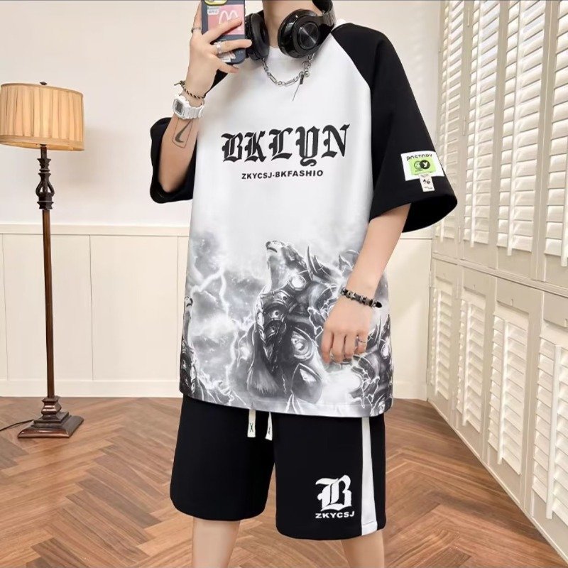 Men's Casual Set 2023 Summer New Print Short Sleeve Shorts Large Sport Two Piece Set
