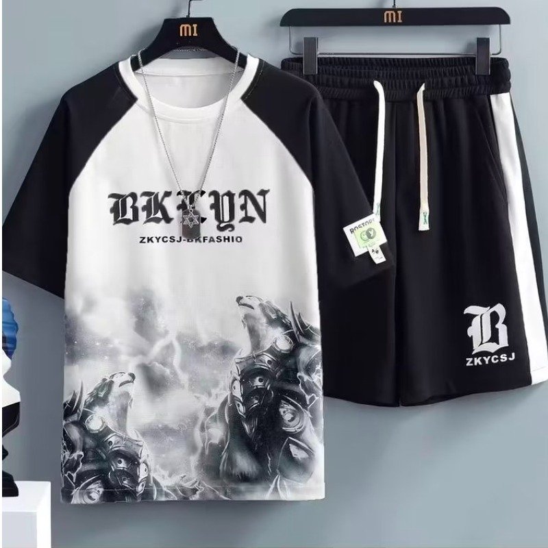 Men's Casual Set 2023 Summer New Print Short Sleeve Shorts Large Sport Two Piece Set