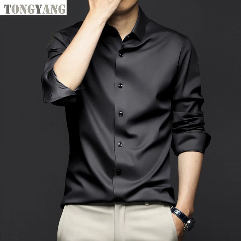 TONGYANG Spring Autumn Formal Men's Long Sleeve Shirt Luxurious Wrinkle-resistant Non-iron Solid Color Business Casual Ice Silk