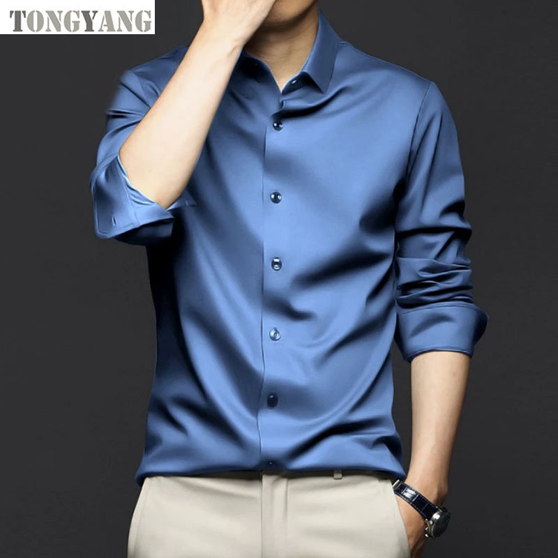TONGYANG Spring Autumn Formal Men's Long Sleeve Shirt Luxurious Wrinkle-resistant Non-iron Solid Color Business Casual Ice Silk