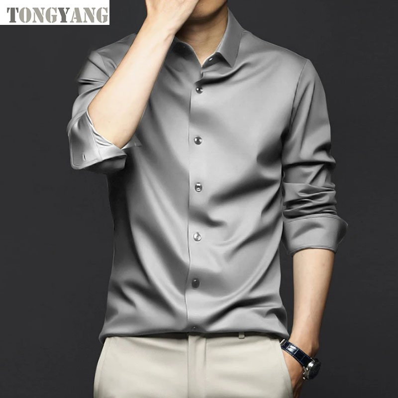 TONGYANG Spring Autumn Formal Men's Long Sleeve Shirt Luxurious Wrinkle-resistant Non-iron Solid Color Business Casual Ice Silk