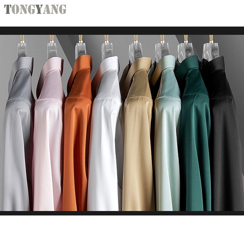 TONGYANG Spring Autumn Formal Men's Long Sleeve Shirt Luxurious Wrinkle-resistant Non-iron Solid Color Business Casual Ice Silk