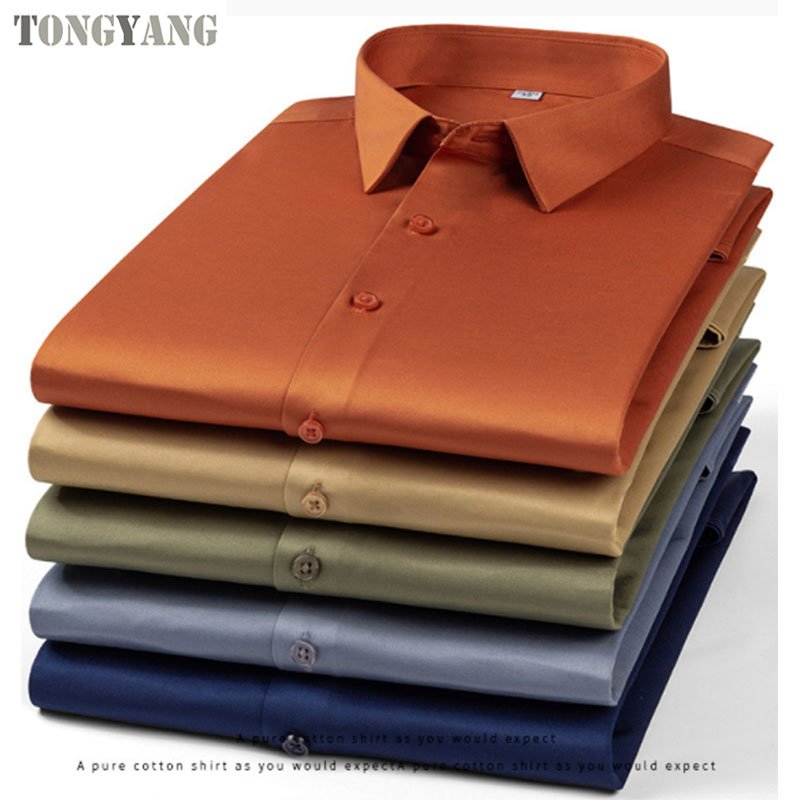 TONGYANG Spring Autumn Formal Men's Long Sleeve Shirt Luxurious Wrinkle-resistant Non-iron Solid Color Business Casual Ice Silk
