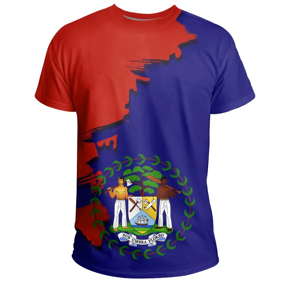 Wholesale Custom T shirts Design with Belize Flag Short Sleeve Tees Full Print Summer Polyester Crewneck Plus Size T-shirts