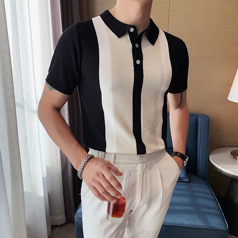 New personality color match men's short sleeve knitted POLO shirt men's casual fashion handsome short sleeve T-shirt men
