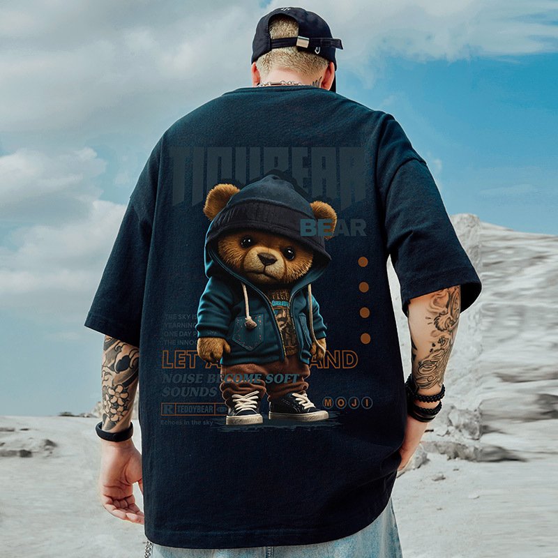 JX M-8XL Oversized Tshirts Cartoon Anime Trendy Bear Printed Men's T-Shirt Oversized Sports Short Sleeve T-shirt