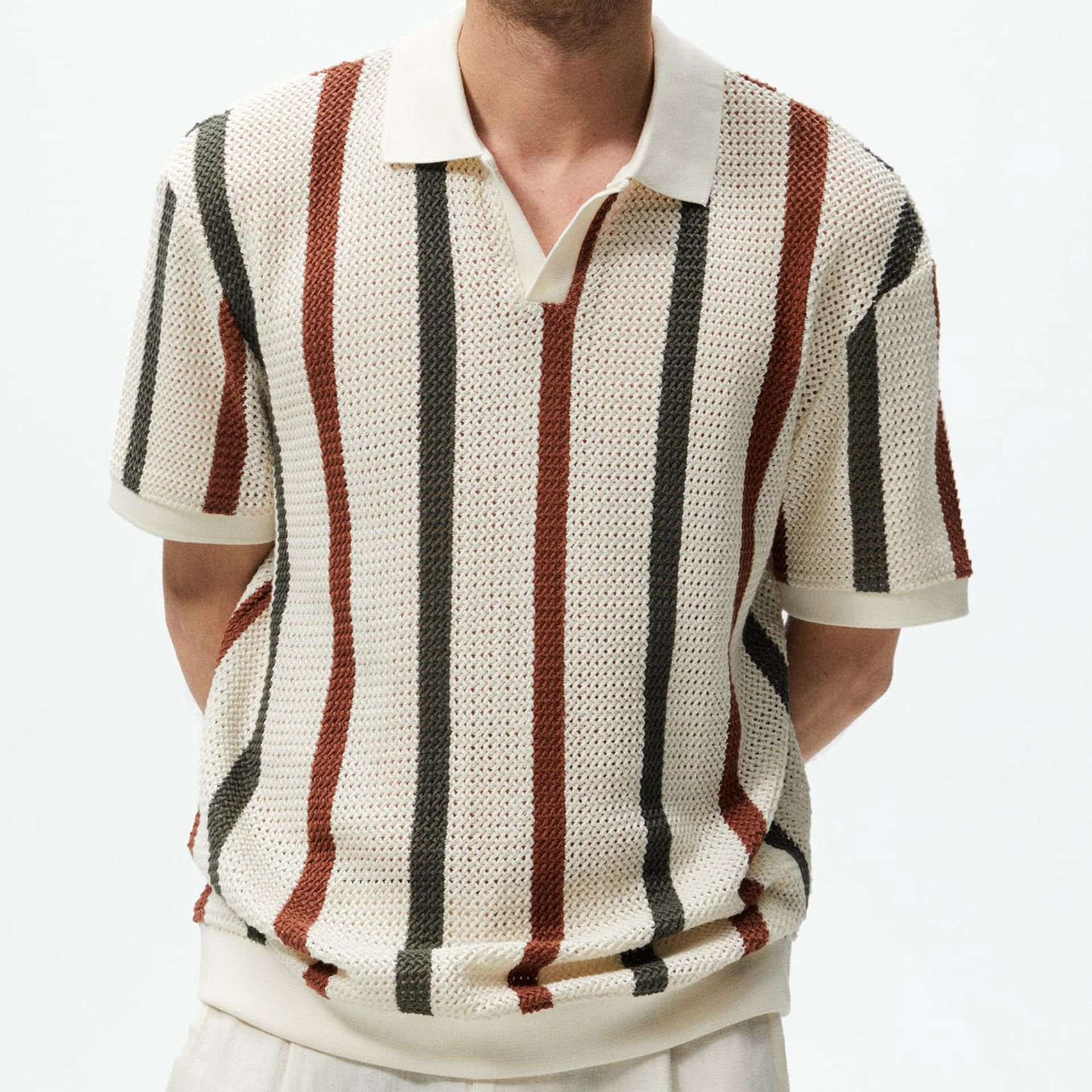 New Arrival Casual Striped Color Contrast Hollow Woven Casual Polo Shirt For Men Sehe Fashion