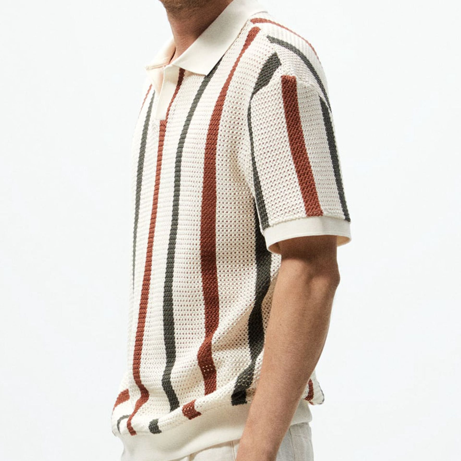 New Arrival Casual Striped Color Contrast Hollow Woven Casual Polo Shirt For Men Sehe Fashion