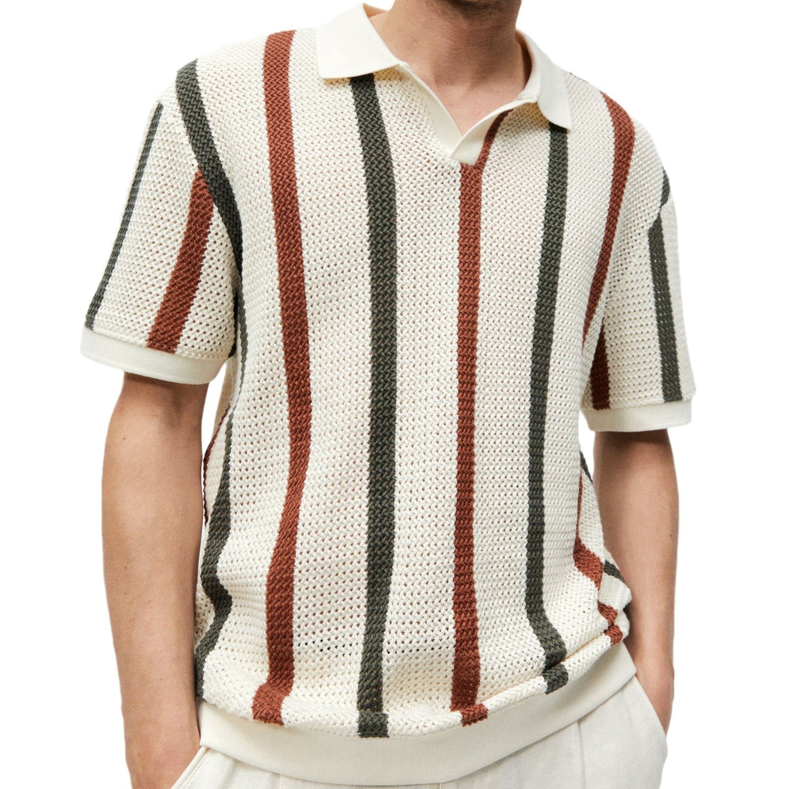 New Arrival Casual Striped Color Contrast Hollow Woven Casual Polo Shirt For Men Sehe Fashion