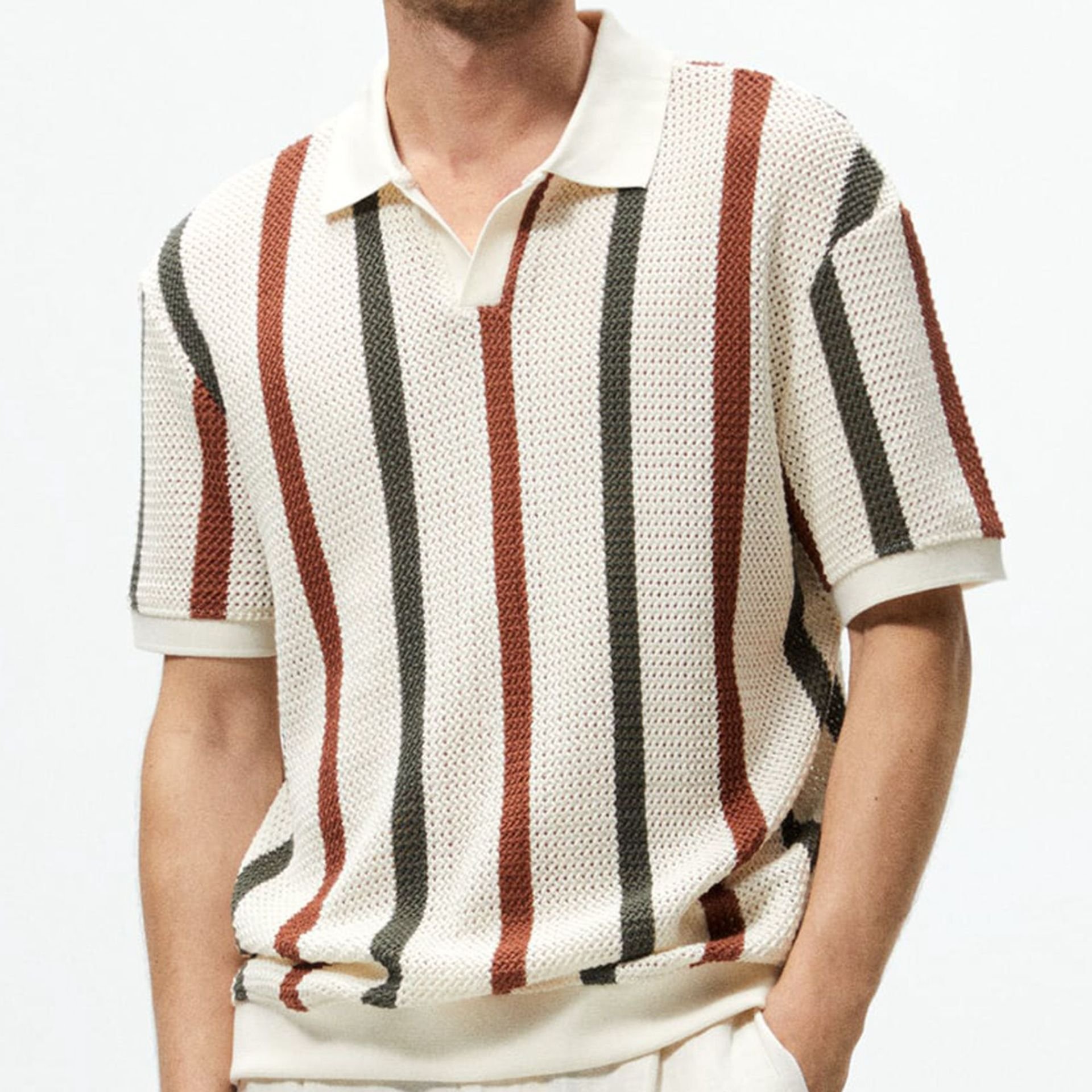 New Arrival Casual Striped Color Contrast Hollow Woven Casual Polo Shirt For Men Sehe Fashion