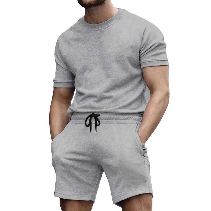 clothing manufacturer summer custom logo outdoor men's short Clothes suit pure color clothing two-piece adult t-shirt shorts Set
