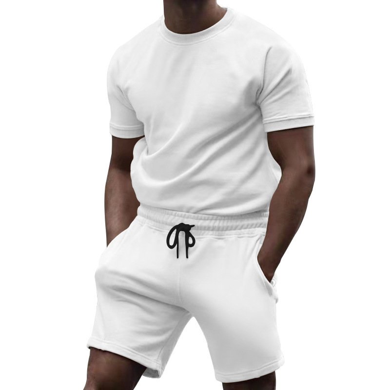 clothing manufacturer summer custom logo outdoor men's short Clothes suit pure color clothing two-piece adult t-shirt shorts Set