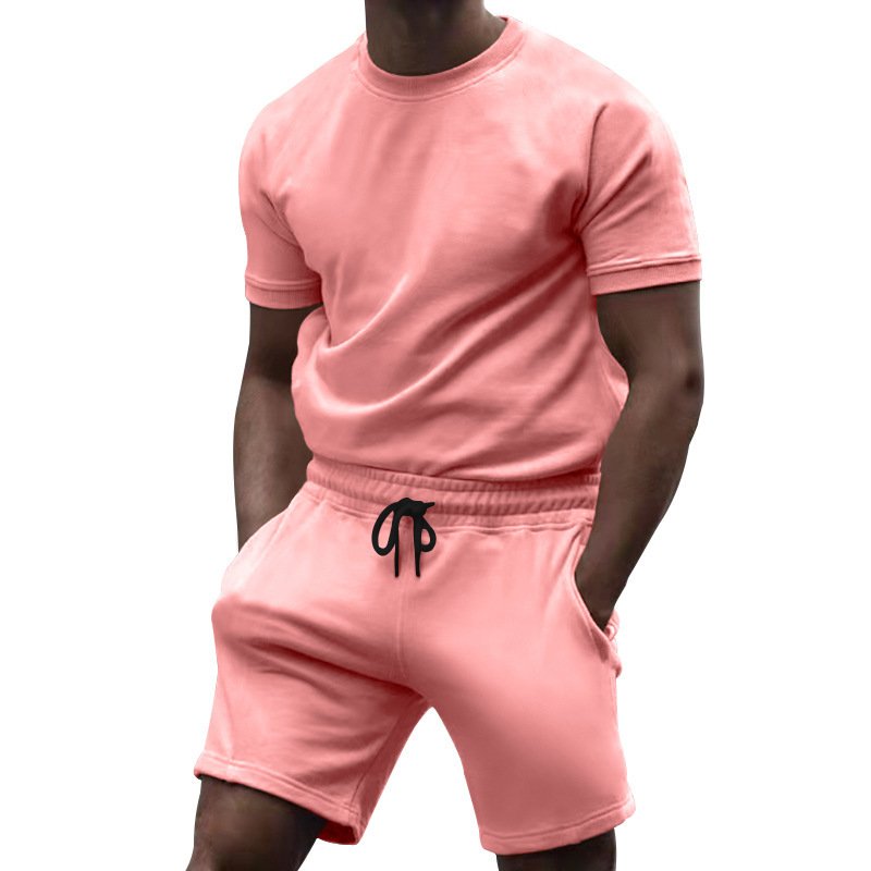 clothing manufacturer summer custom logo outdoor men's short Clothes suit pure color clothing two-piece adult t-shirt shorts Set