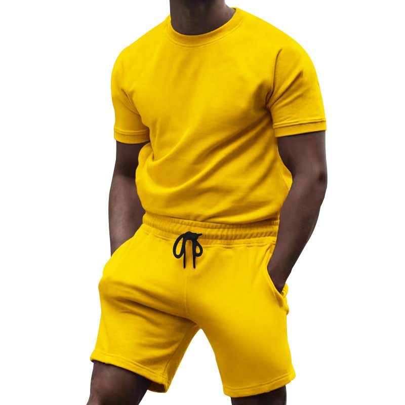 clothing manufacturer summer custom logo outdoor men's short Clothes suit pure color clothing two-piece adult t-shirt shorts Set