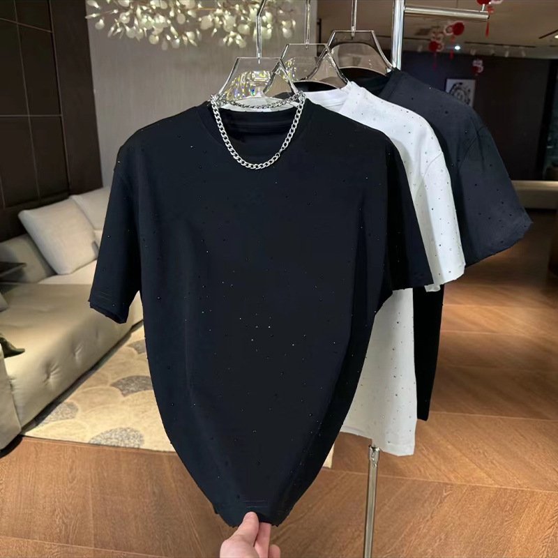 Wholesale Luxury Men's Cotton T-Shirt Custom Blanc Plain Black White Oversized Casual Style Solid Print Rhinestone Drop Shoulder