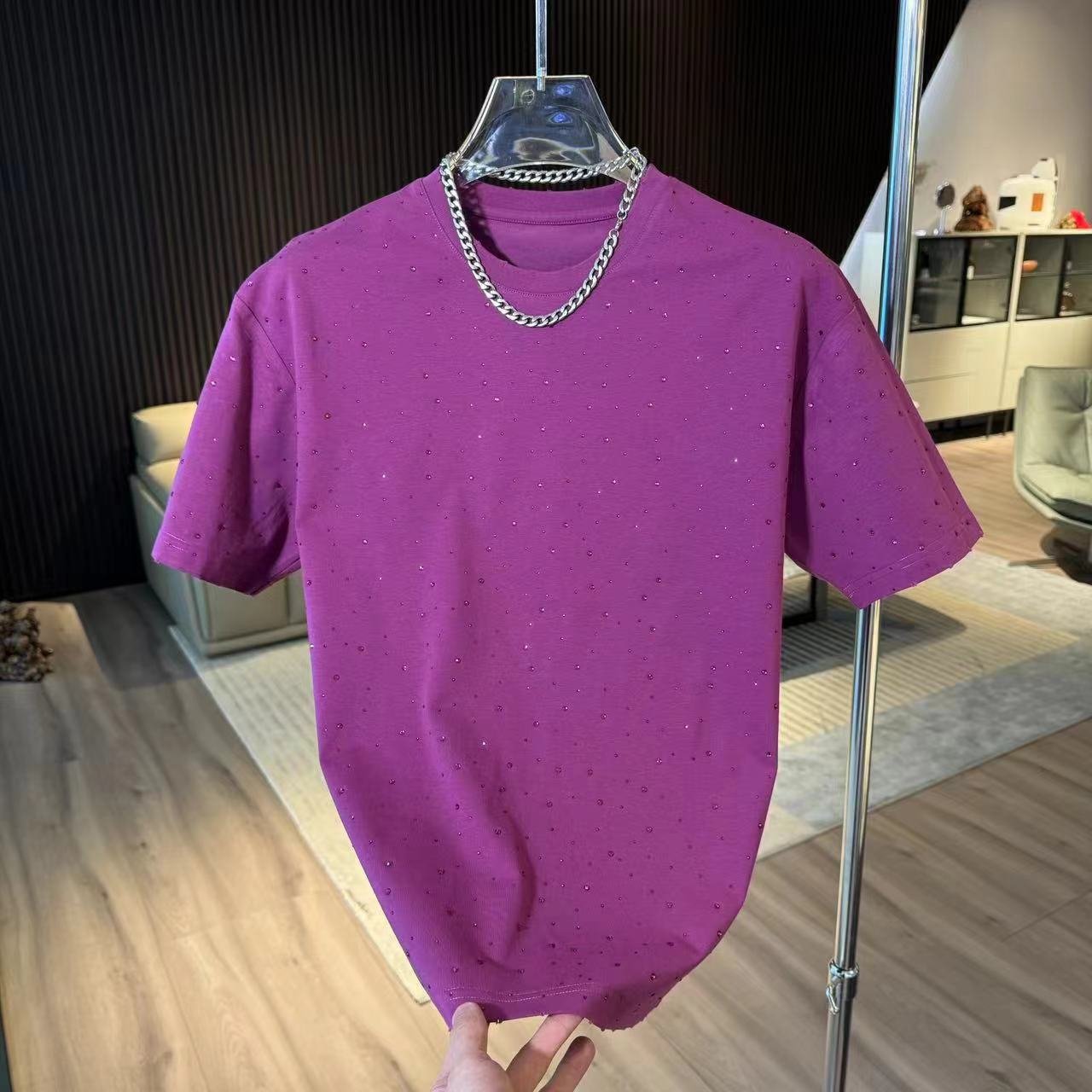 Wholesale Luxury Men's Cotton T-Shirt Custom Blanc Plain Black White Oversized Casual Style Solid Print Rhinestone Drop Shoulder