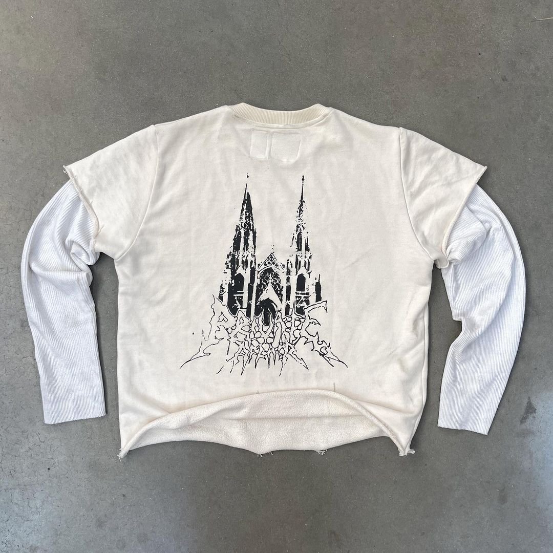 DTG Printing Long Sleeve Shirt Custom French Terry Cotton Oversized Men's Waffle Sleeve T-shirt
