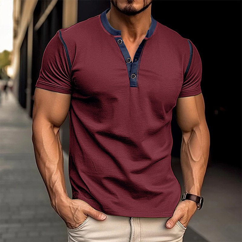 OEM Casual Men's T Shirts Color Block Round Neck Soild Tshirts Man Button Short Sleeves Tee Shirt Tops Summer Clothes For Men