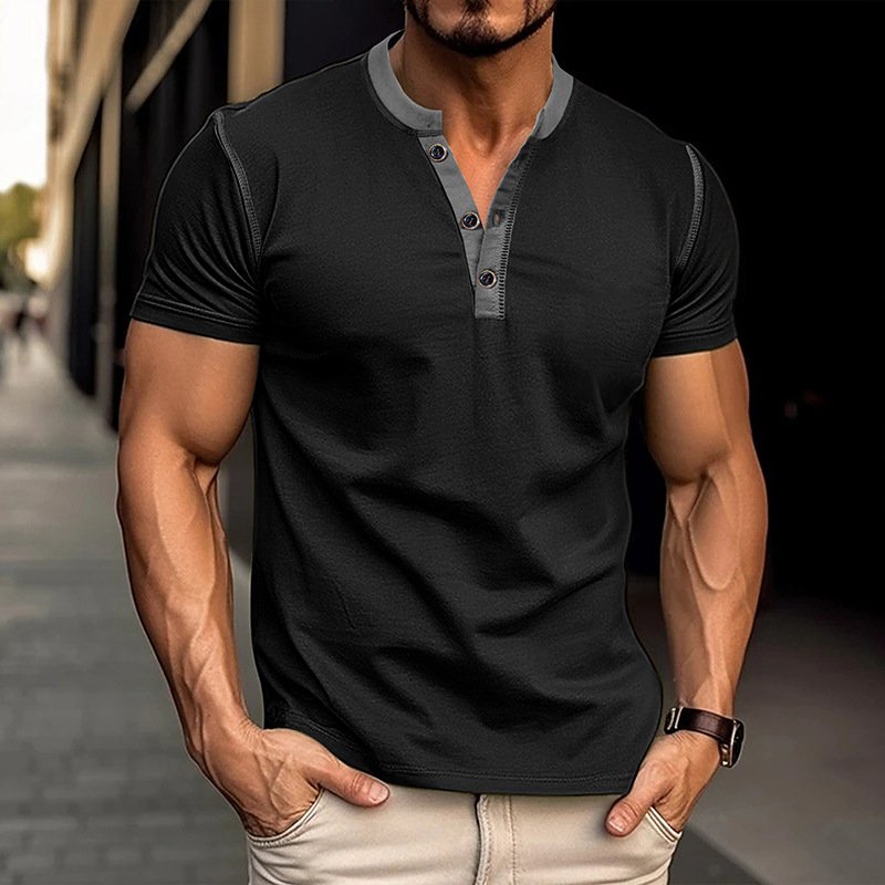 OEM Casual Men's T Shirts Color Block Round Neck Soild Tshirts Man Button Short Sleeves Tee Shirt Tops Summer Clothes For Men