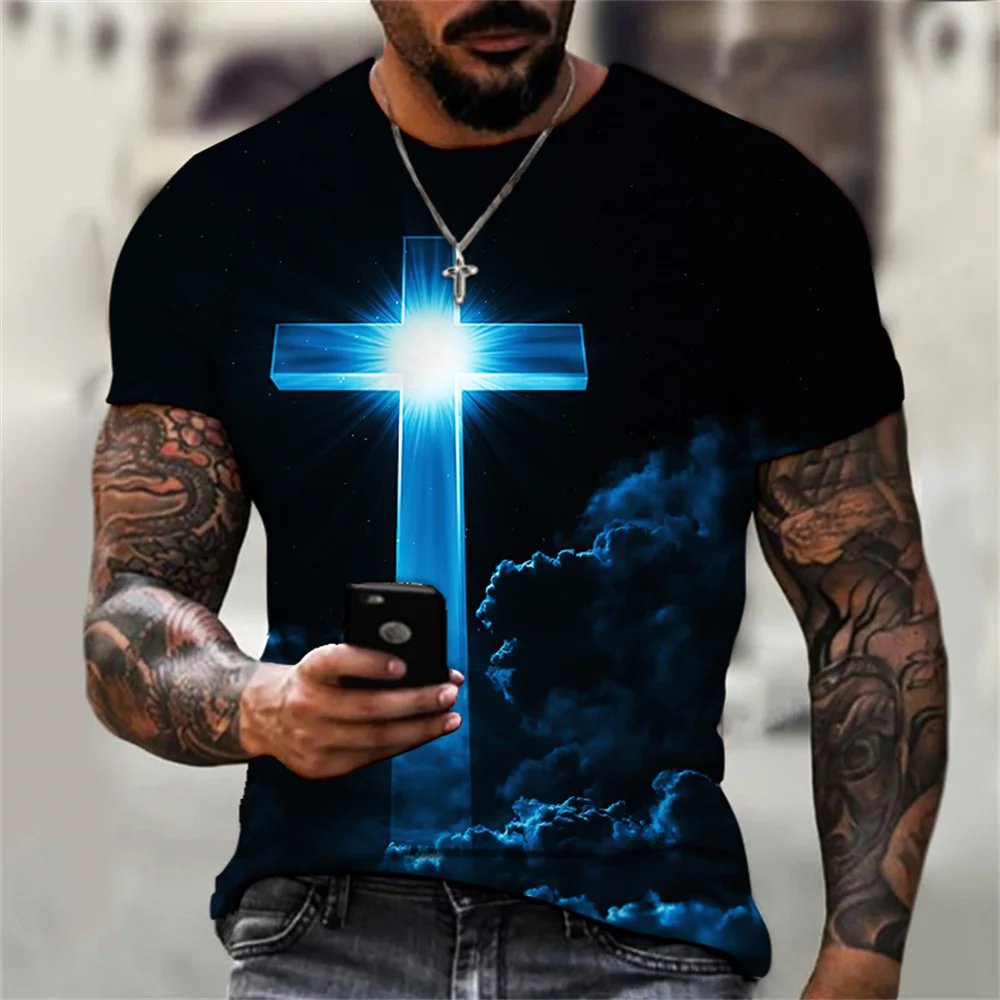 Men's Casual Summer O-Neck T-Shirt Oversized Short Sleeve Jesus Cross Print Fashionable Blank Design Knitted Fabric Clothing