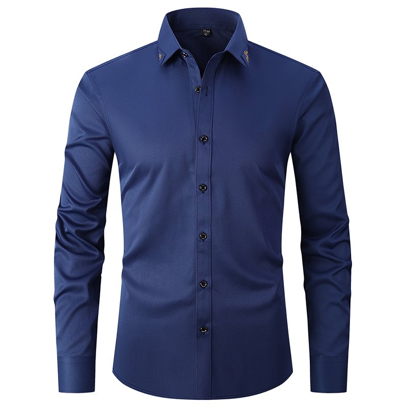 Wholesale Custom Logo classic style Elasticity fabric solid color long Sleeve Collar embroidery Slim Fit formal men's shirts