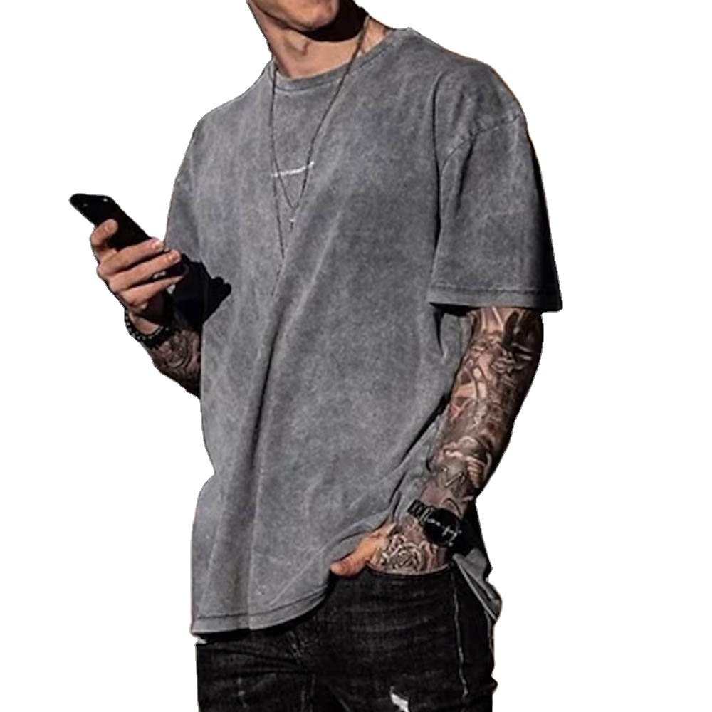 High Quality Wholesale Custom Vintage Streetwear Acid Wash T Shirt For Men Red Wine Color Men's Oversized Cotton T Shirts 230g