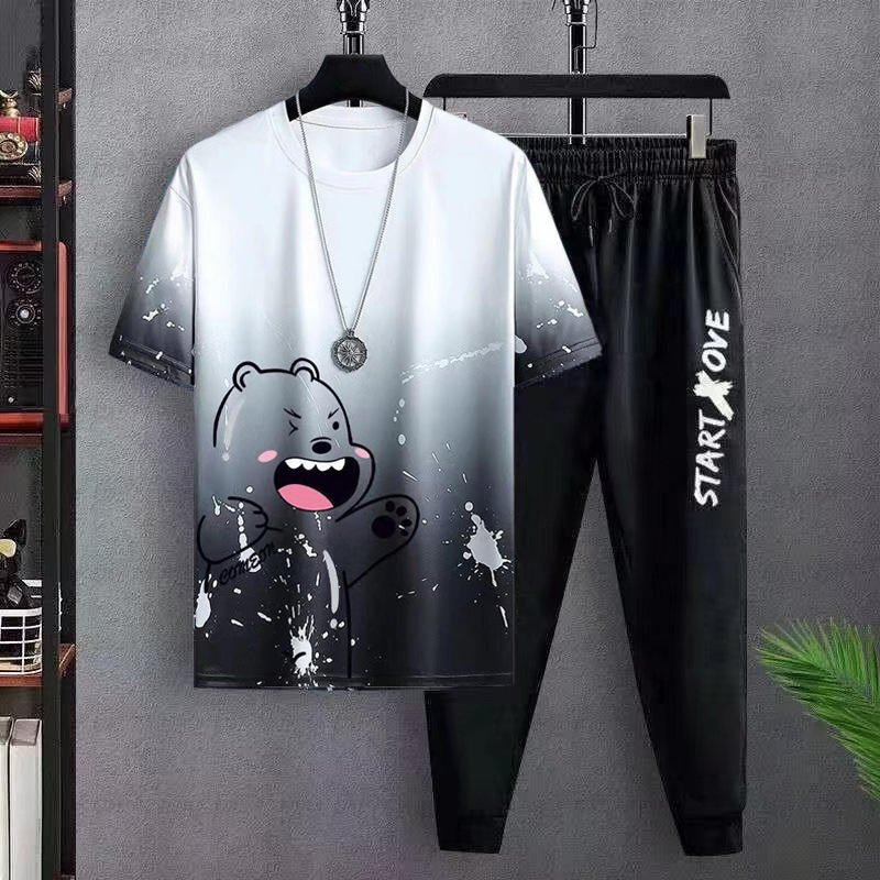 Fashion Men's Loose Gradual Change Print Casual Pullovers Print Summer Short sleeved T shirt And Trousers Set