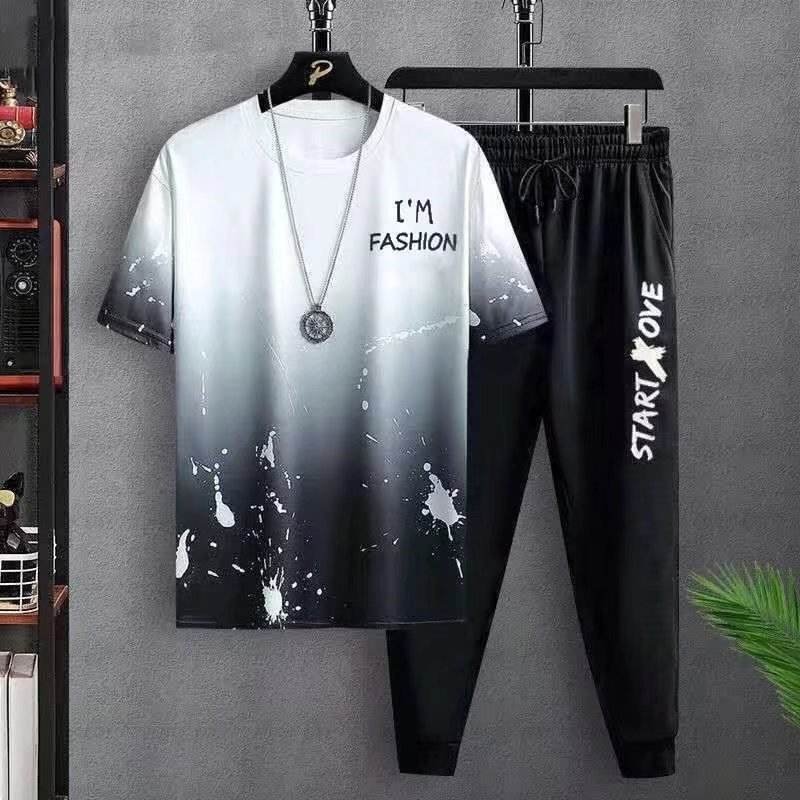 Fashion Men's Loose Gradual Change Print Casual Pullovers Print Summer Short sleeved T shirt And Trousers Set