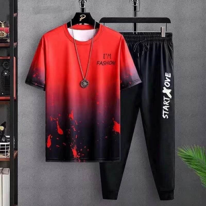 Fashion Men's Loose Gradual Change Print Casual Pullovers Print Summer Short sleeved T shirt And Trousers Set