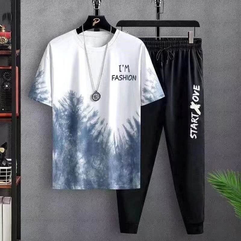 Fashion Men's Loose Gradual Change Print Casual Pullovers Print Summer Short sleeved T shirt And Trousers Set