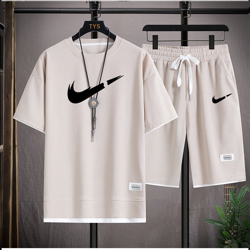 Huafu Ge T style men's vacation two-piece set for couples, loose and trendy plus size five quarter pants, outdoor casual