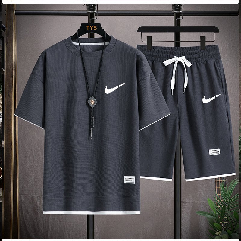 Huafu Ge T style men's vacation two-piece set for couples, loose and trendy plus size five quarter pants, outdoor casual
