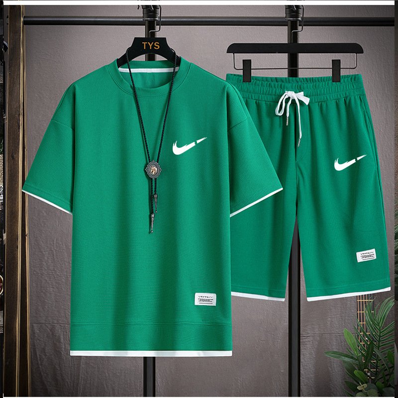 Huafu Ge T style men's vacation two-piece set for couples, loose and trendy plus size five quarter pants, outdoor casual