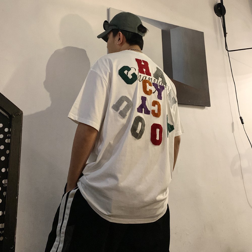 High quality t shirt designer heavy cotton chenille embroidery t shirt hip hop drop shoulder t-shirts plus size men's t-shirts