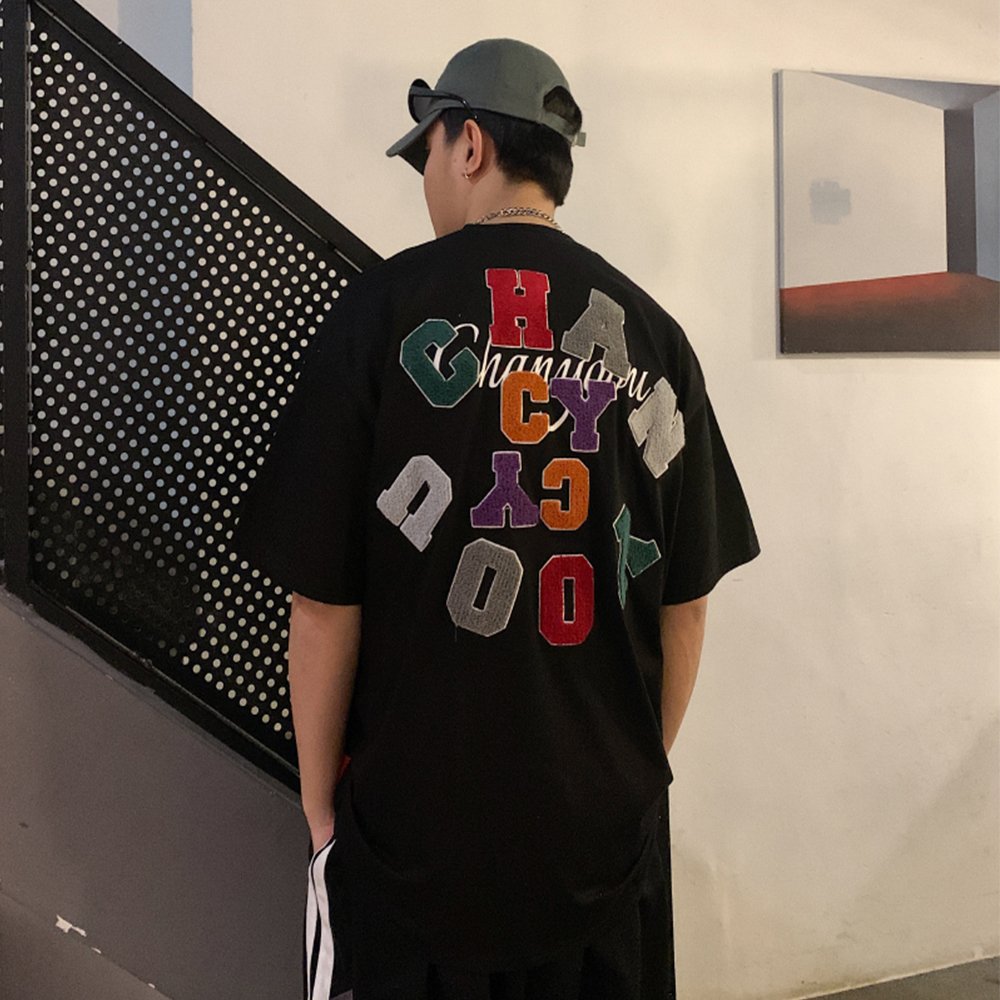 High quality t shirt designer heavy cotton chenille embroidery t shirt hip hop drop shoulder t-shirts plus size men's t-shirts