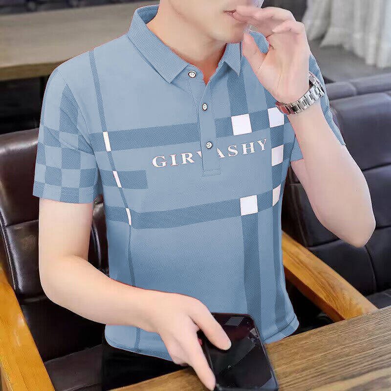 Summer new lapel men's POLO shirt short sleeve T-shirt business casual plaid striped men's T-shirt men's top