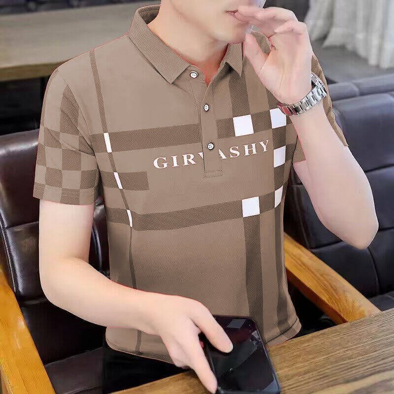 Summer new lapel men's POLO shirt short sleeve T-shirt business casual plaid striped men's T-shirt men's top