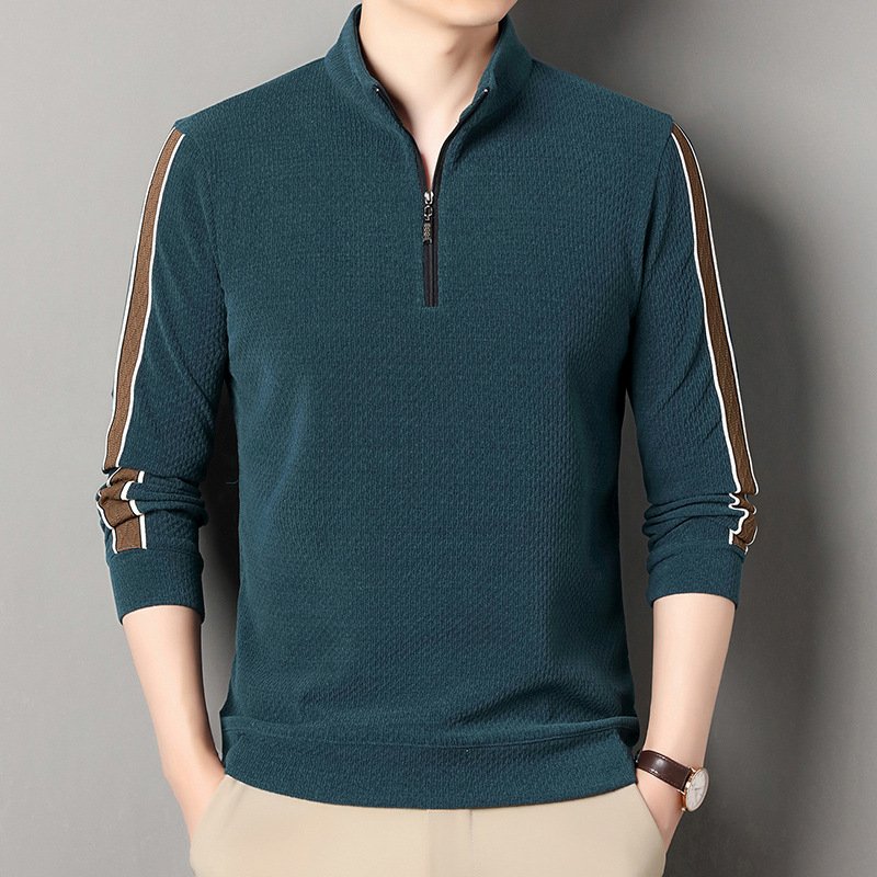 High end men clothing semi zipper stand up collar sweater Spring Autumn middle aged men's loose casual long sleeve shirt T-shirt
