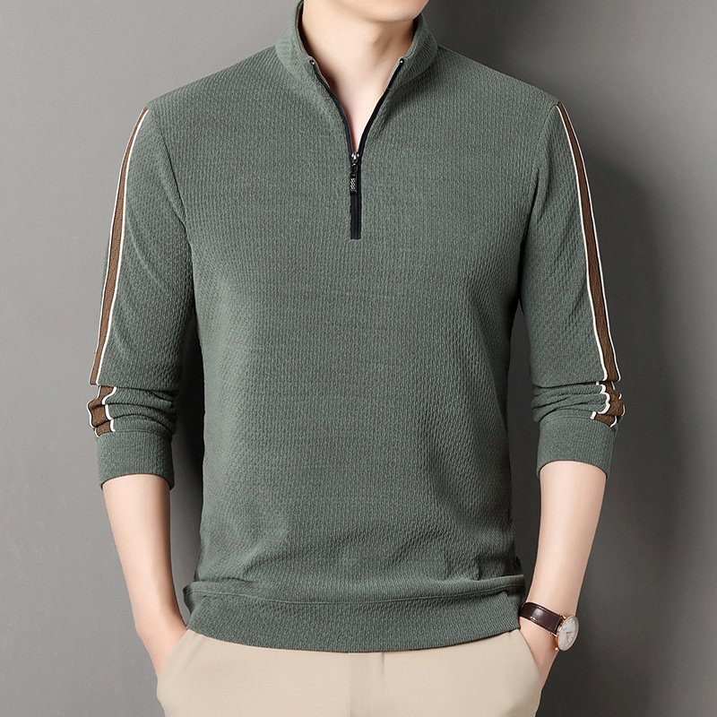 High end men clothing semi zipper stand up collar sweater Spring Autumn middle aged men's loose casual long sleeve shirt T-shirt