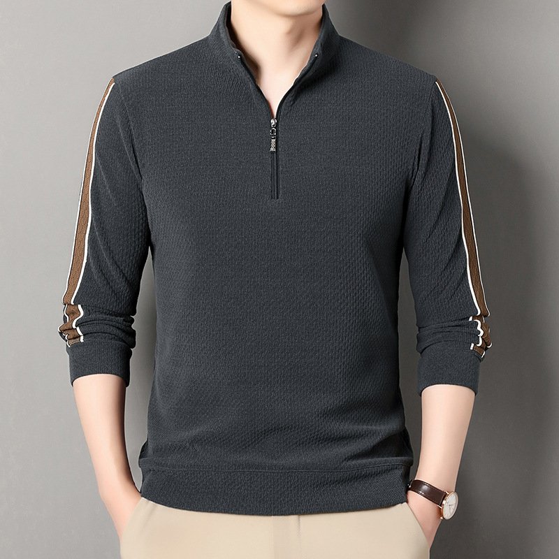 High end men clothing semi zipper stand up collar sweater Spring Autumn middle aged men's loose casual long sleeve shirt T-shirt