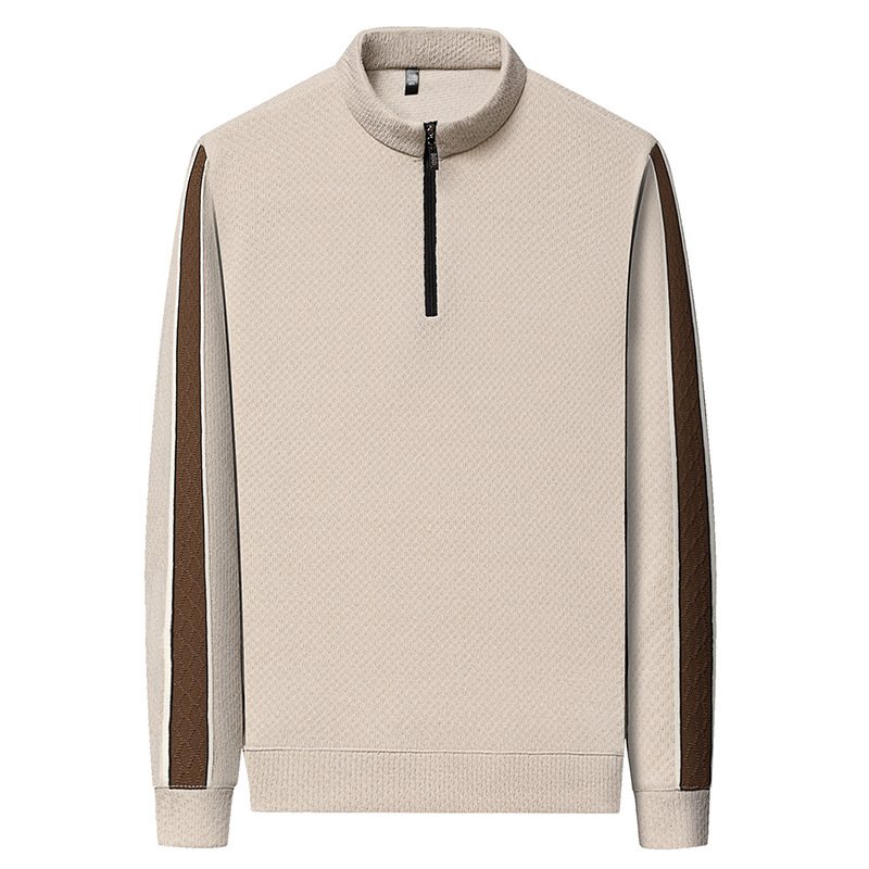 High end men clothing semi zipper stand up collar sweater Spring Autumn middle aged men's loose casual long sleeve shirt T-shirt