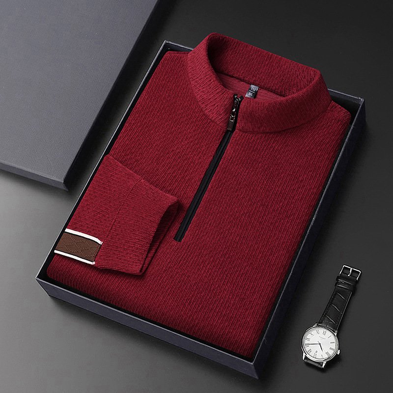 High end men clothing semi zipper stand up collar sweater Spring Autumn middle aged men's loose casual long sleeve shirt T-shirt