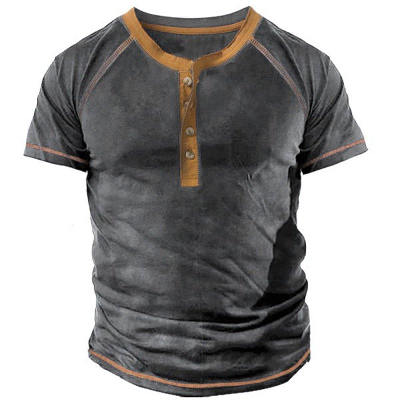 2023 New design man outdoor shirt retro casual sports short sleeve henley neck button t-shirt for men