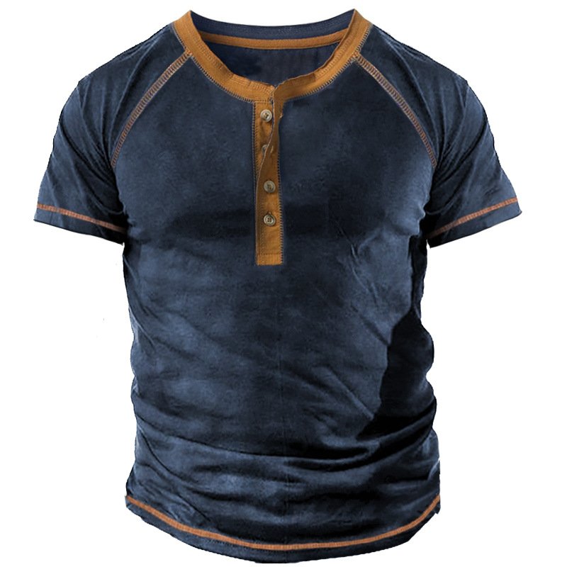 2023 New design man outdoor shirt retro casual sports short sleeve henley neck button t-shirt for men