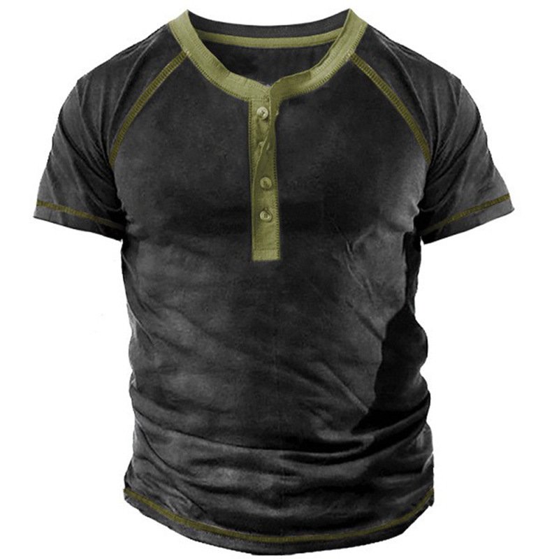 2023 New design man outdoor shirt retro casual sports short sleeve henley neck button t-shirt for men