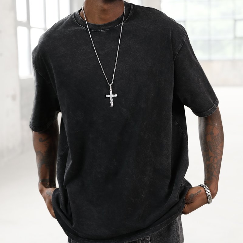 BL02 Vintage Loose Short Sleeve Acid Washed Plus Size Men's T-shirts With Logo Custom Printed 100% Cotton Mens Oversized Tshirt