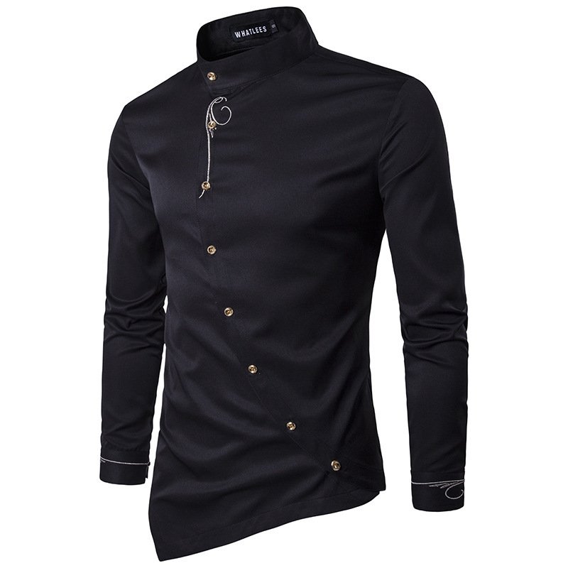 Autumn and winter new long sleeve shirt men's personality double breasted two solid color men's shirts