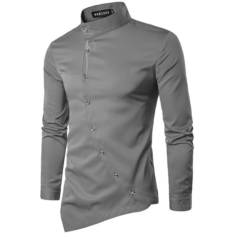 Autumn and winter new long sleeve shirt men's personality double breasted two solid color men's shirts